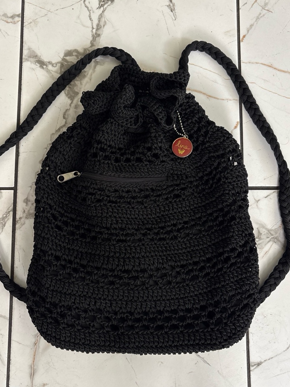 Lina Black Handwoven Crochet Drawstring Backpack